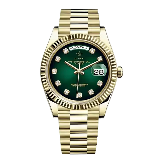 Gold men’s watch with green dial and day-date display