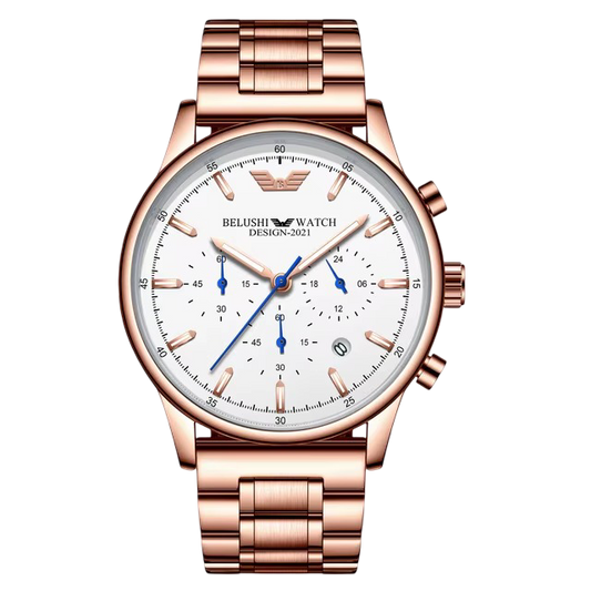Belushi modern chronograph watch with subdials and a bracelet.