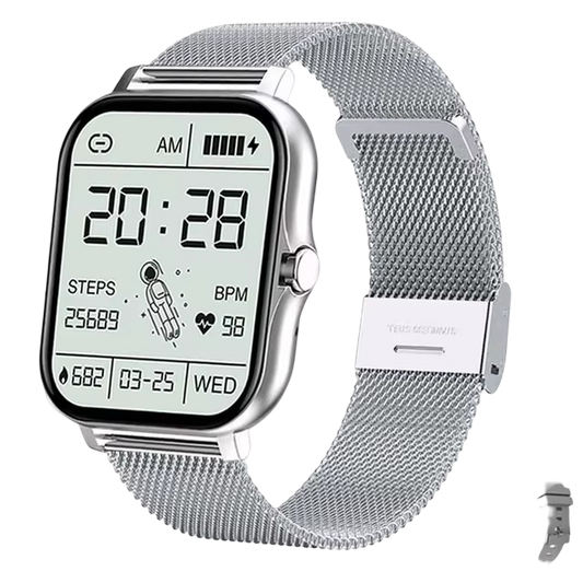 A modern black smartwatch with a square face displaying a colorful abstract watch face, paired with a silver stainless steel mesh strap.