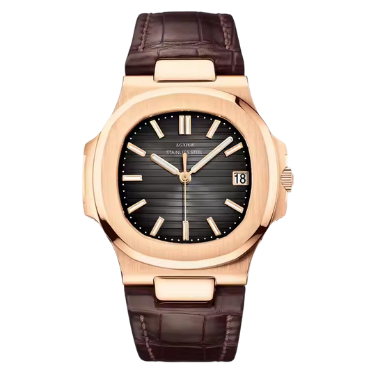 Men’s rose gold watch with black dial and leather strap