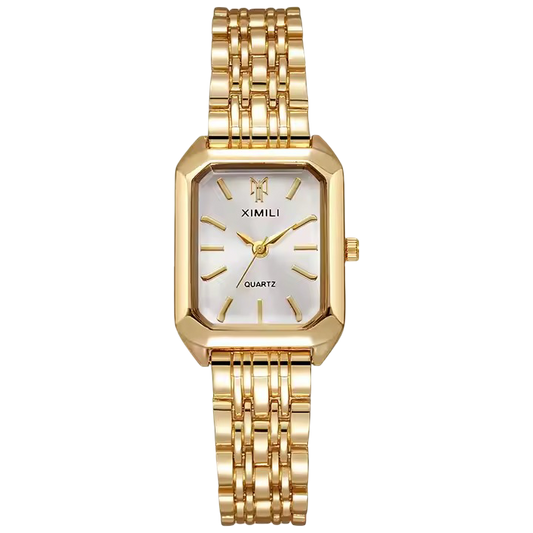 A XIMILI women's quartz watch with a gold-tone rectangular case, a white dial, and a gold-tone link bracelet
