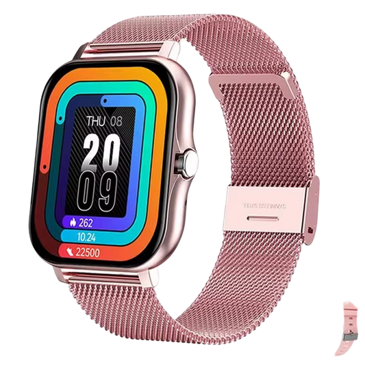 A modern black smartwatch with a square face displaying a colorful abstract watch face, paired with a pink stainless steel mesh strap.