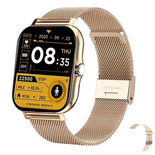 A modern black smartwatch with a square face displaying a colorful abstract watch face, paired with a gold stainless steel mesh strap.
